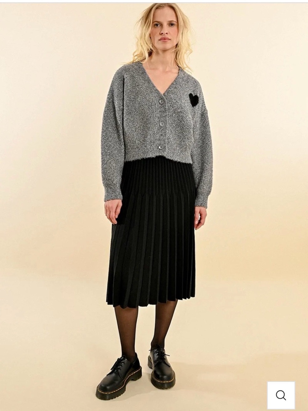 Molly Bracken Gray V-Neck Boxy Cardigan with Black Heart Accent - Women